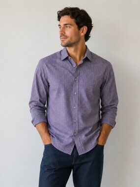 Kenneth Cole Reaction Purple Gingham Slim Fit Dress Shirt Men's M 15.5